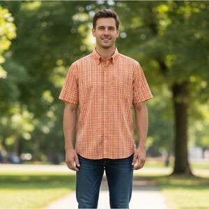 Columbia Omni-Shade Men's Short Sleeve Shirt, Orange Plaid, Vented, Large, GUC